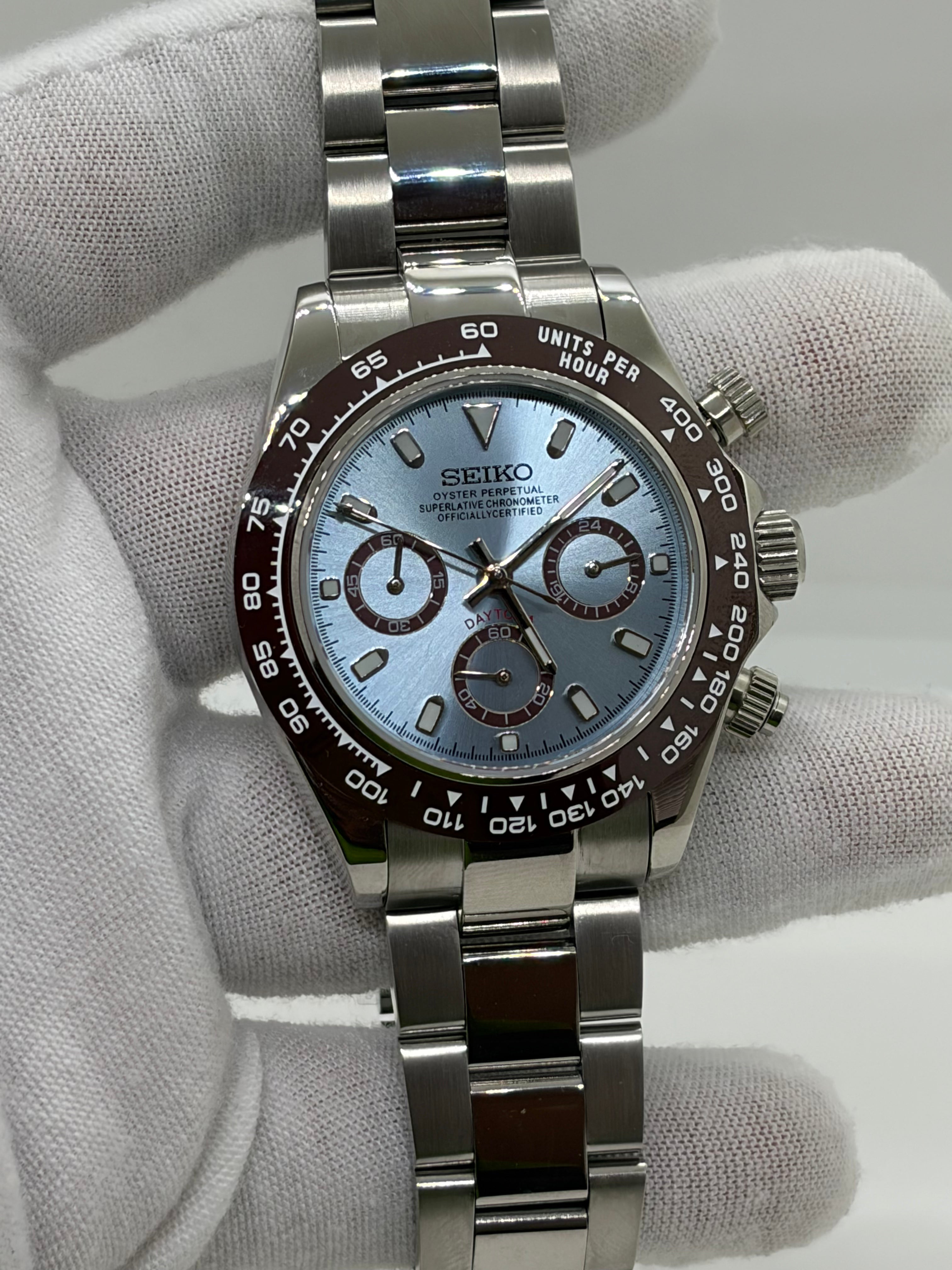Seiko Daytona Mod - Platinum on Burgundy